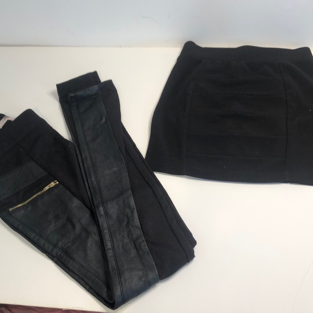 Edgy leather pants and black ribbed body con skirt
